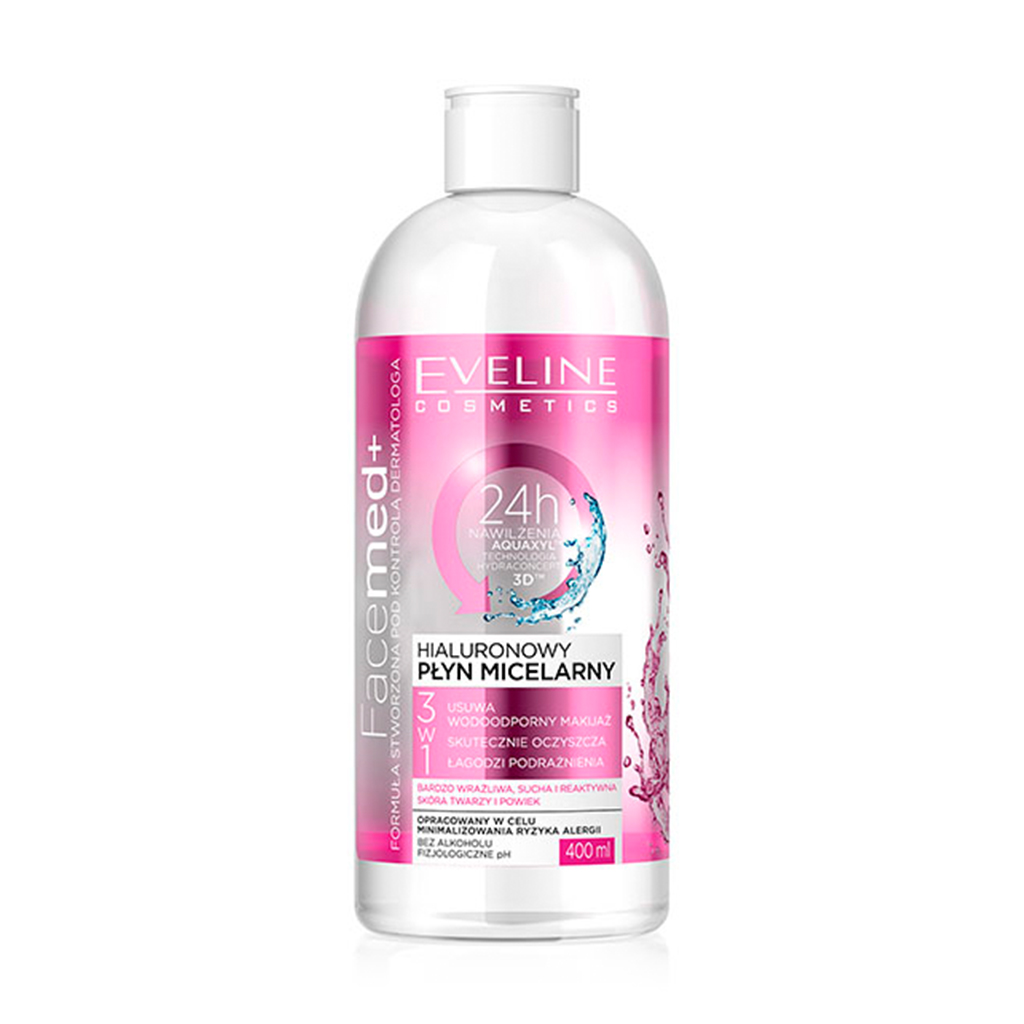 Гіалуронова міцелярна вода Eveline Cosmetics Facemed+  3 в 1 для сухої, чутливої, подразненої шкіри, 400 мл